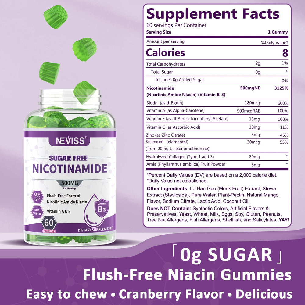 Close-up of NEVISS gummies highlighting cranberry flavor and chewable texture.