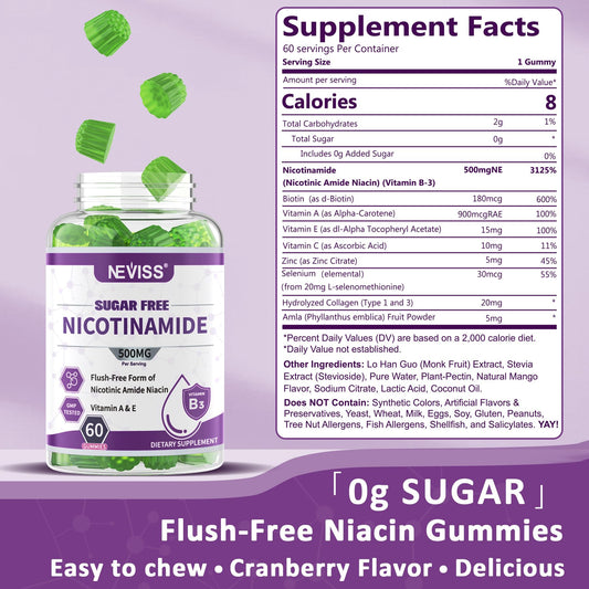 Close-up of NEVISS gummies highlighting cranberry flavor and chewable texture.