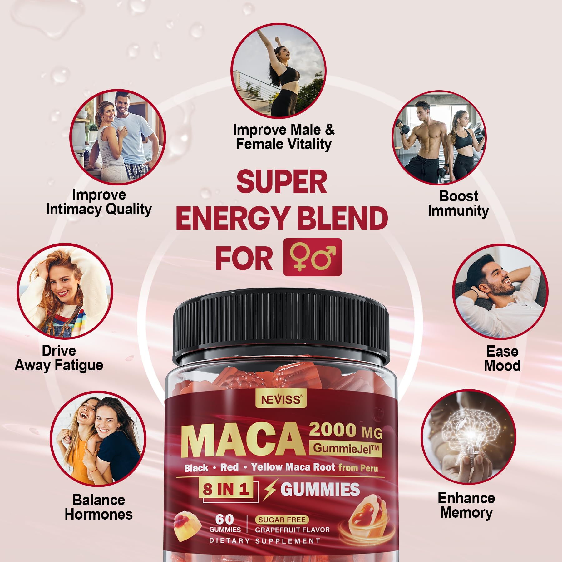 NEVISS Peruvian maca root energy blend in bottle for daily vitality.