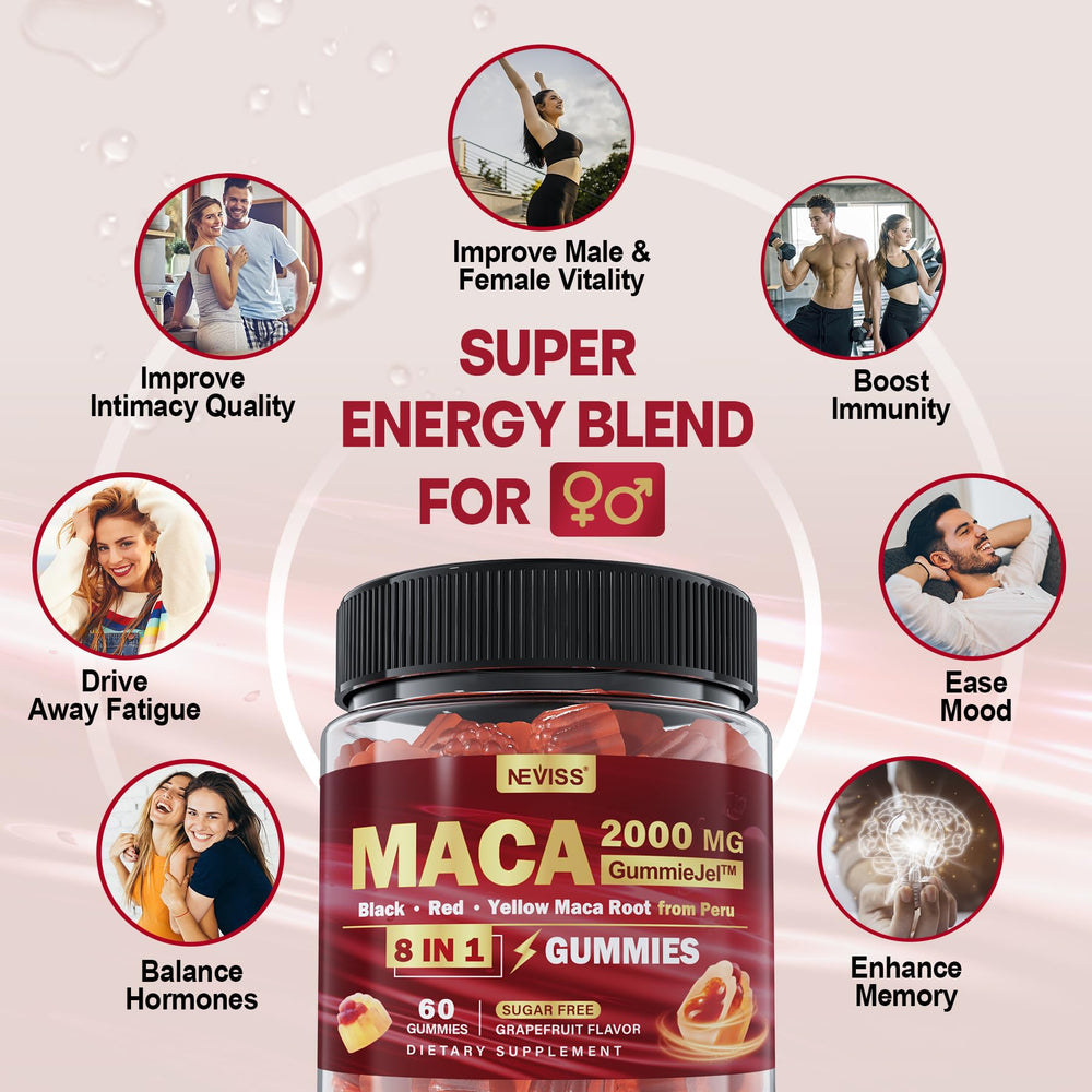 NEVISS Peruvian maca root energy blend in bottle for daily vitality.