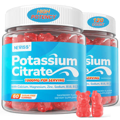NEVISS Potassium Citrate 1000mg gummies bottle on table supports hydration and leg comfort