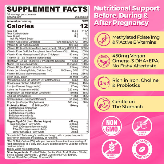 NEVISS Prenatal Gummies close-up shows chewy texture and berry flavor