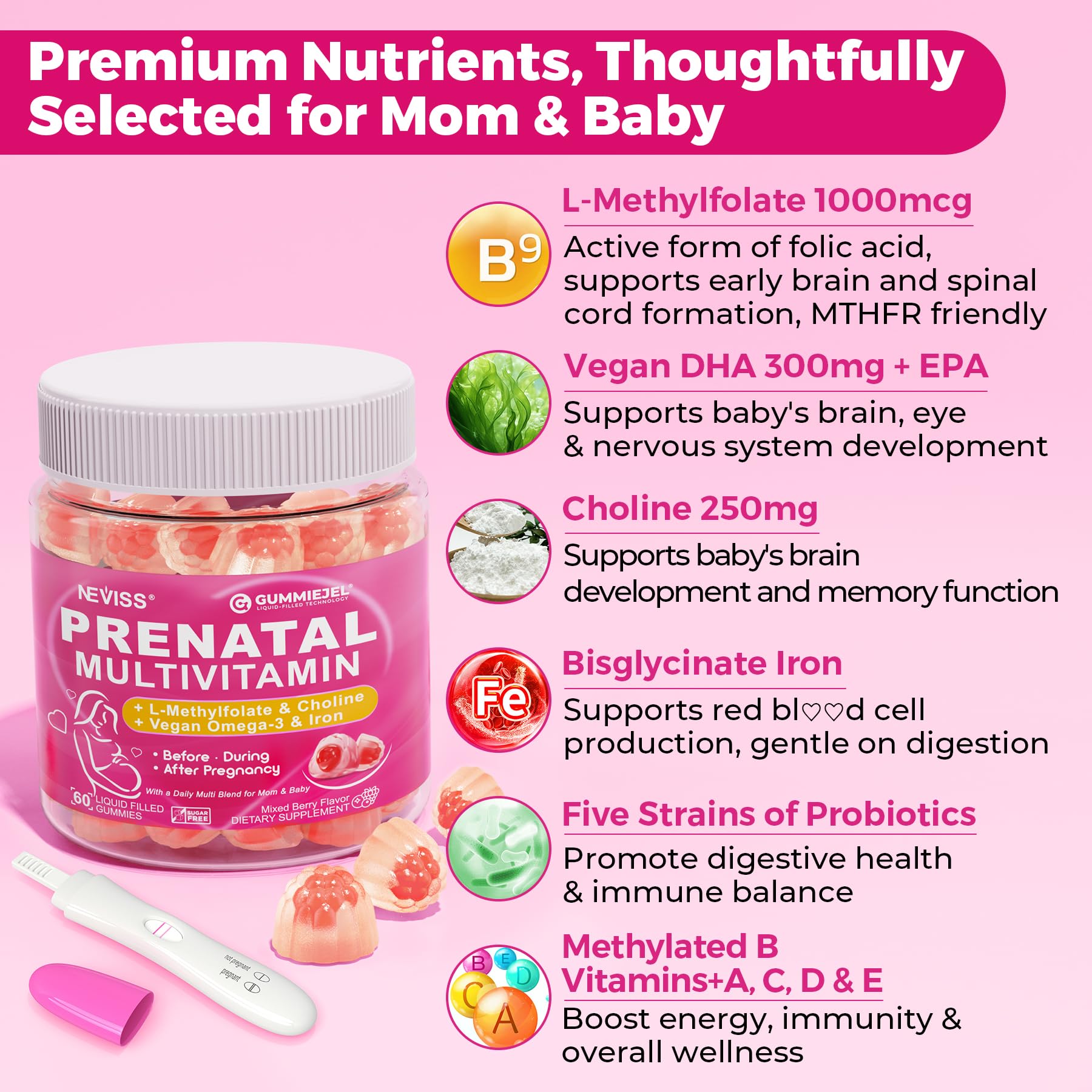NEVISS Prenatal Gummy dispensing jar showing convenient daily servings