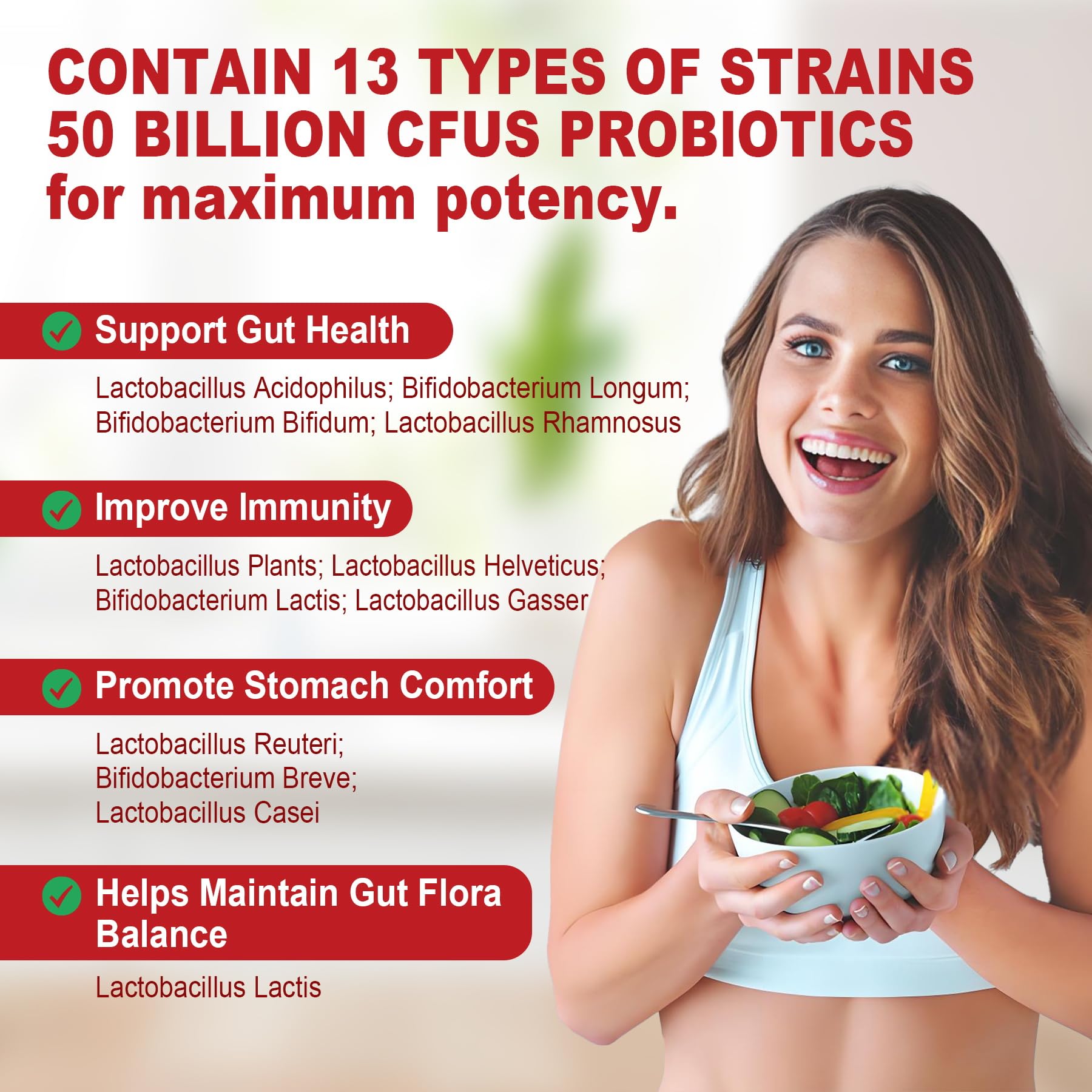 Ingredient icons emphasize 13 probiotic strains and prebiotic fiber in the formula.