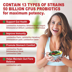 Ingredient icons emphasize 13 probiotic strains and prebiotic fiber in the formula.