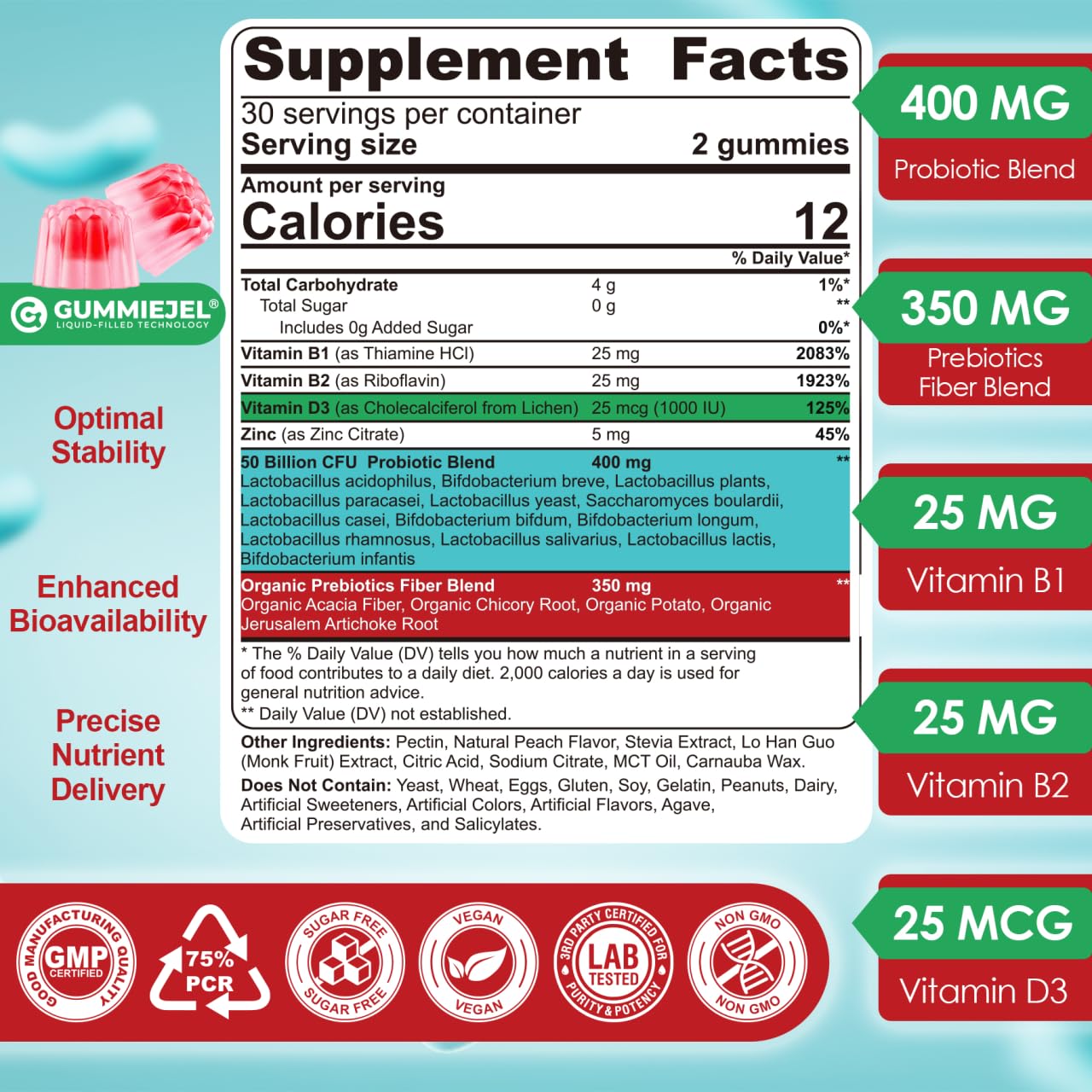 NEVISS Probiotic Gummies label information highlighting 60 ct and 50B CFUs.