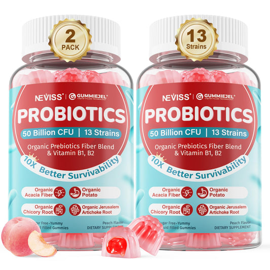 NEVISS probiotic gummies with peach filling for easy digestion and daily energy.