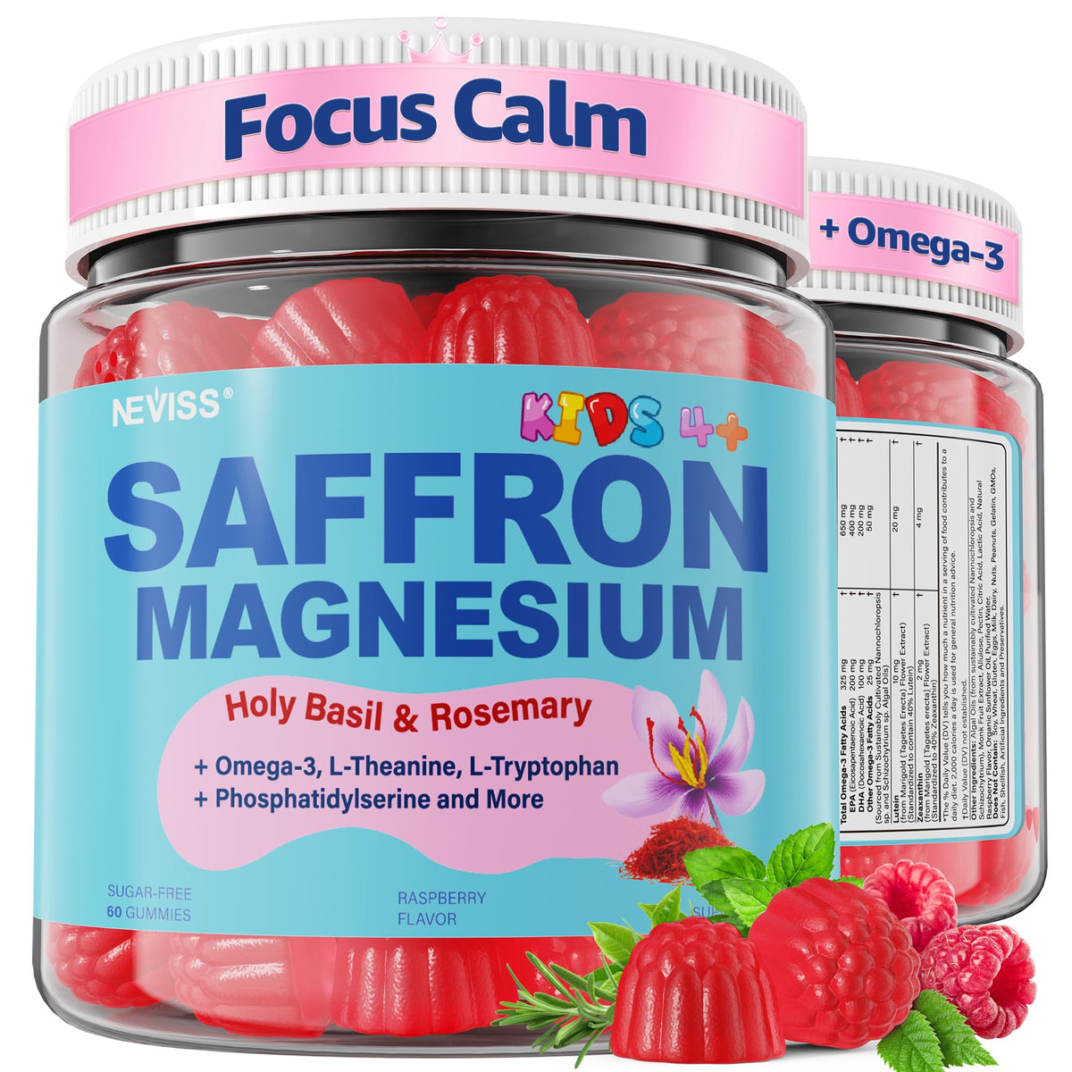 NEVISS saffron gummies bottle front for kids calm and focus
