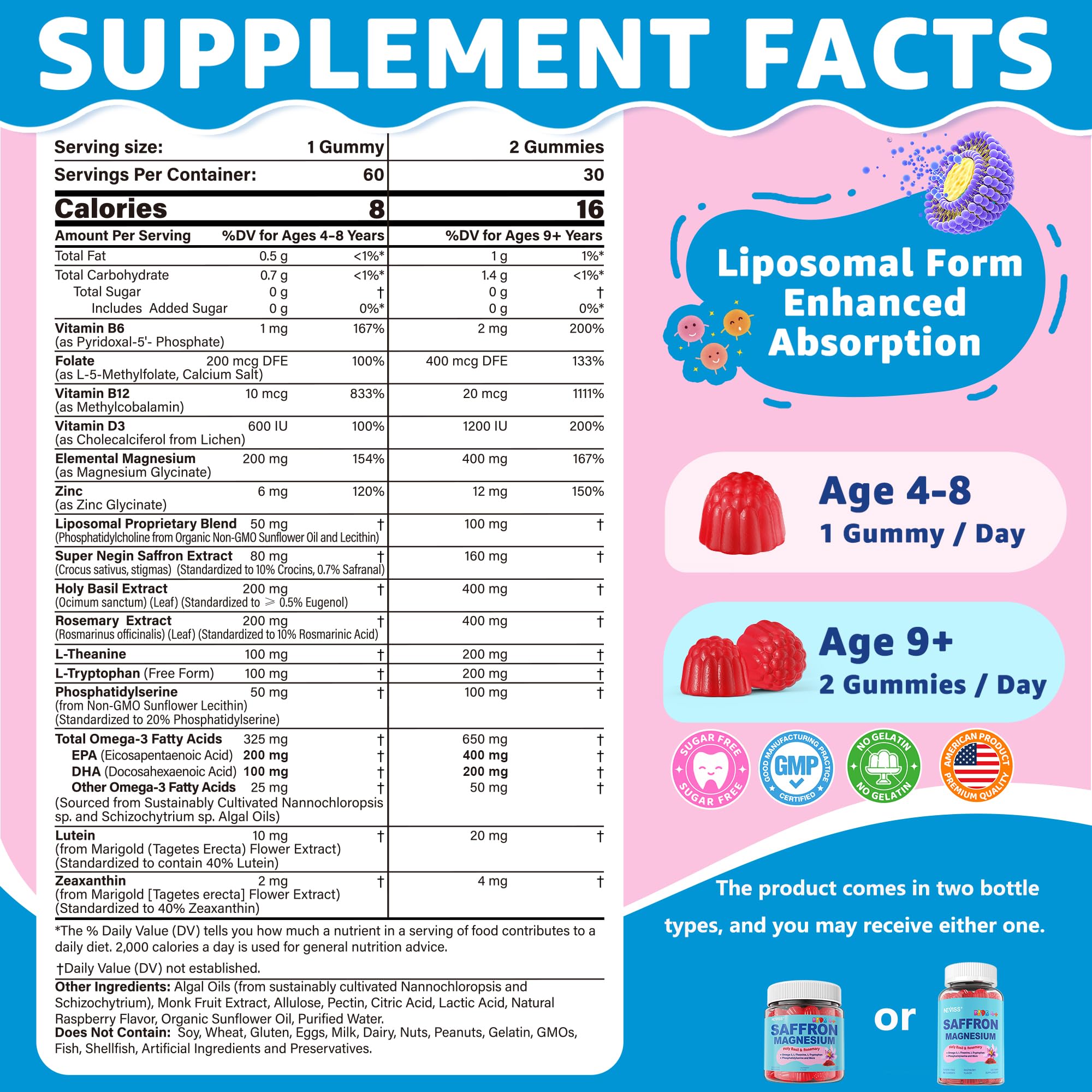 Neviss saffron gummies ingredients panel highlighting vegan omega-3 and L-theanine