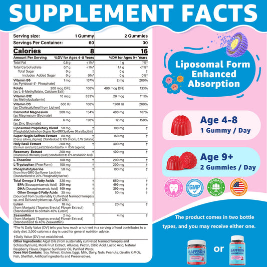 Neviss saffron gummies ingredients panel highlighting vegan omega-3 and L-theanine