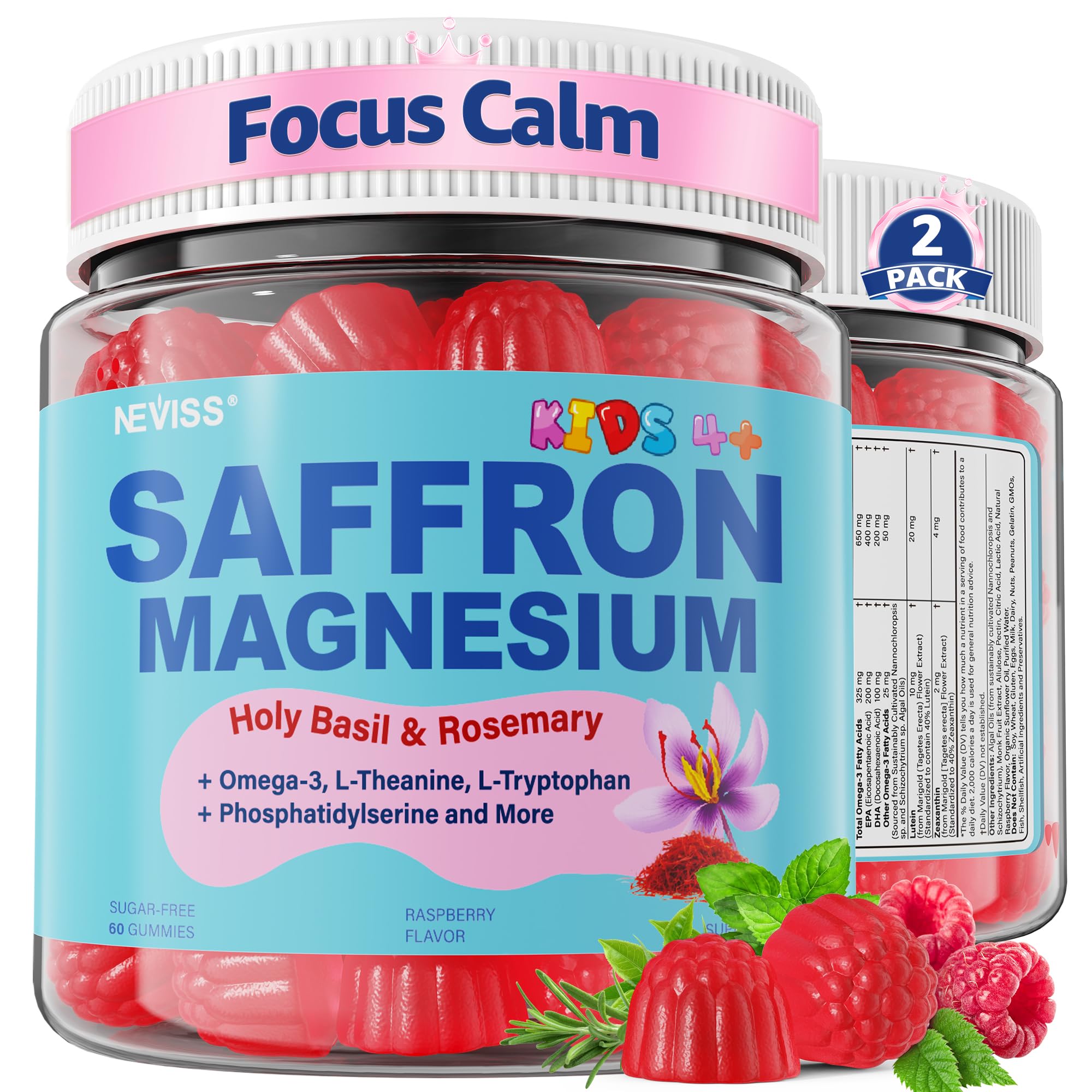 Neviss saffron magnesium gummies kids bottle for daily calm and focus