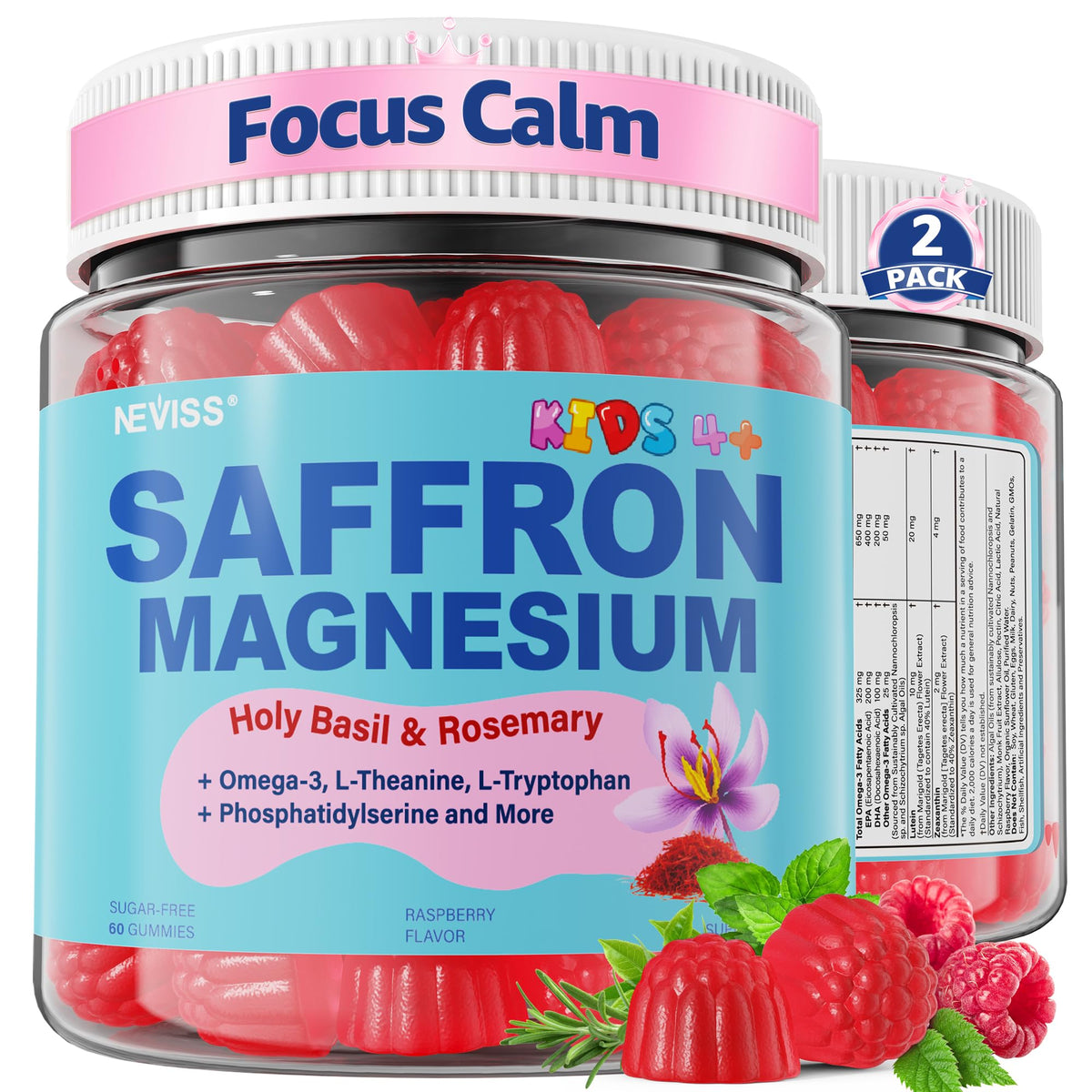 Neviss saffron magnesium gummies kids bottle for daily calm and focus