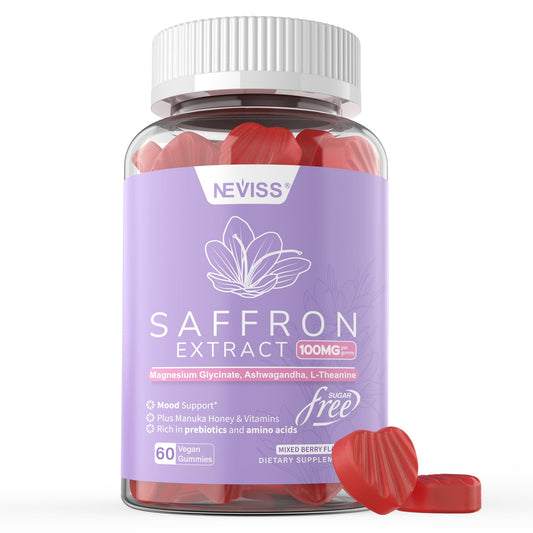 NEVISS Saffron Gummies Pack: convenient daily mood support.