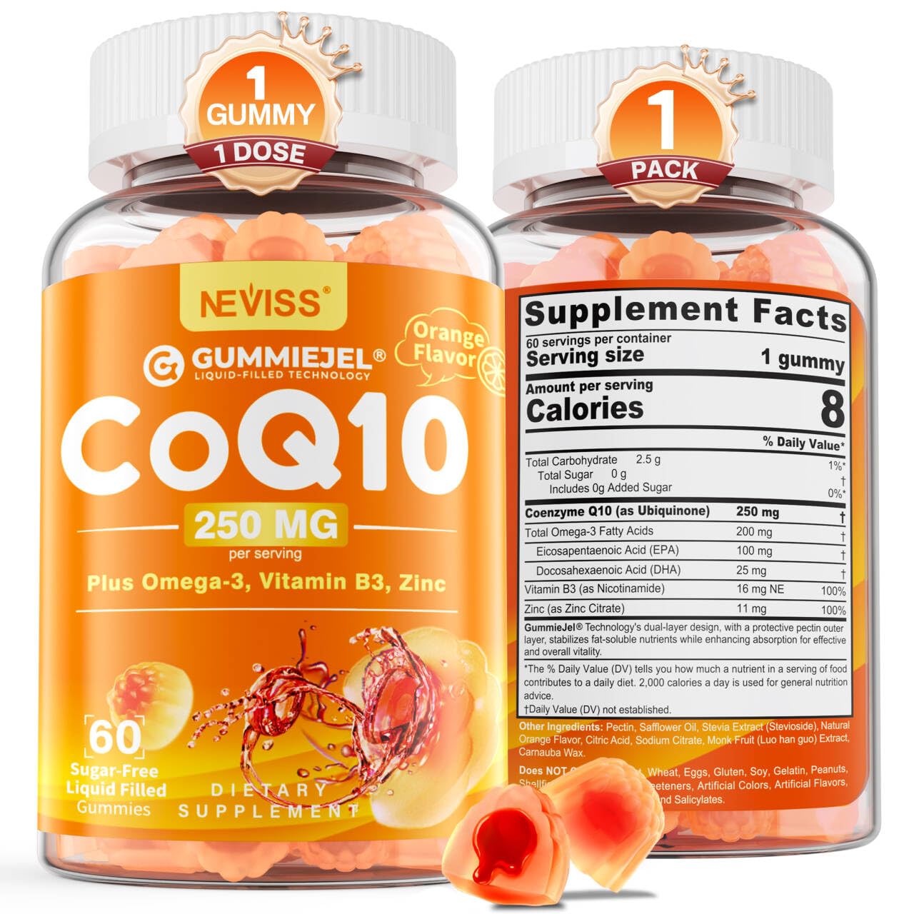 NEVISS sugar-free CoQ10 gummies bottle front 60-count for heart health support