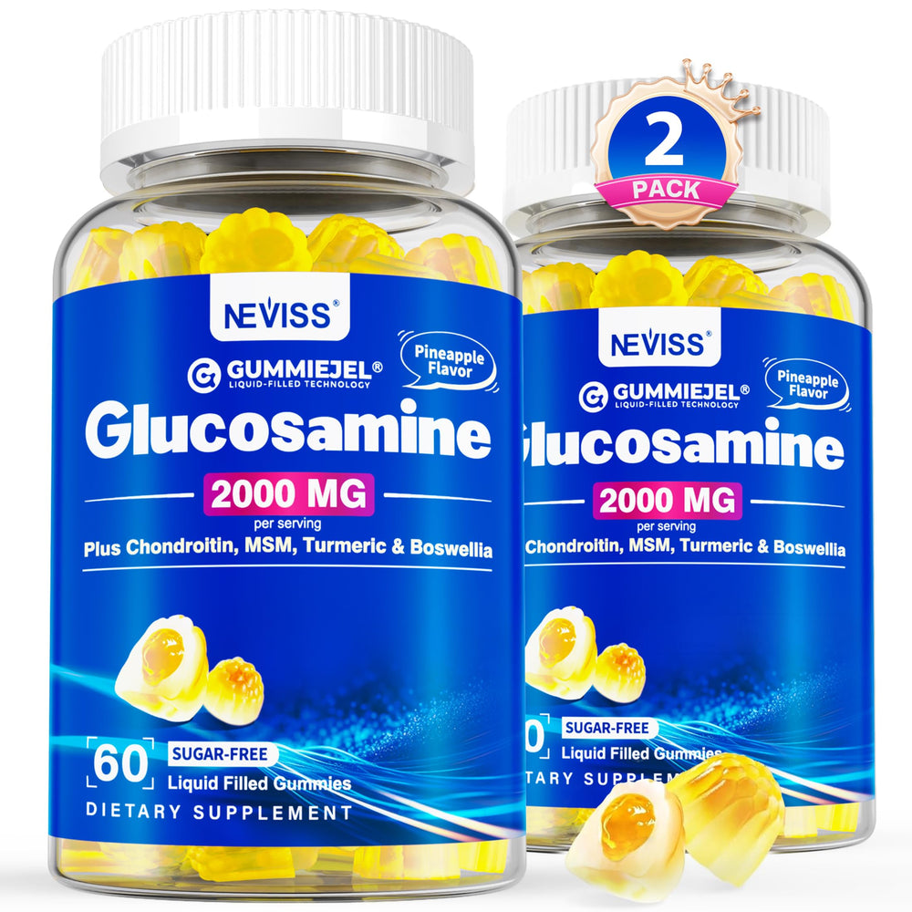 NEVISS Sugar Free Glucosamine Gummies packaging showcasing 7-in-1 formula.