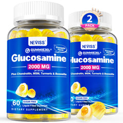 NEVISS Sugar Free Glucosamine Gummies packaging showcasing 7-in-1 formula.