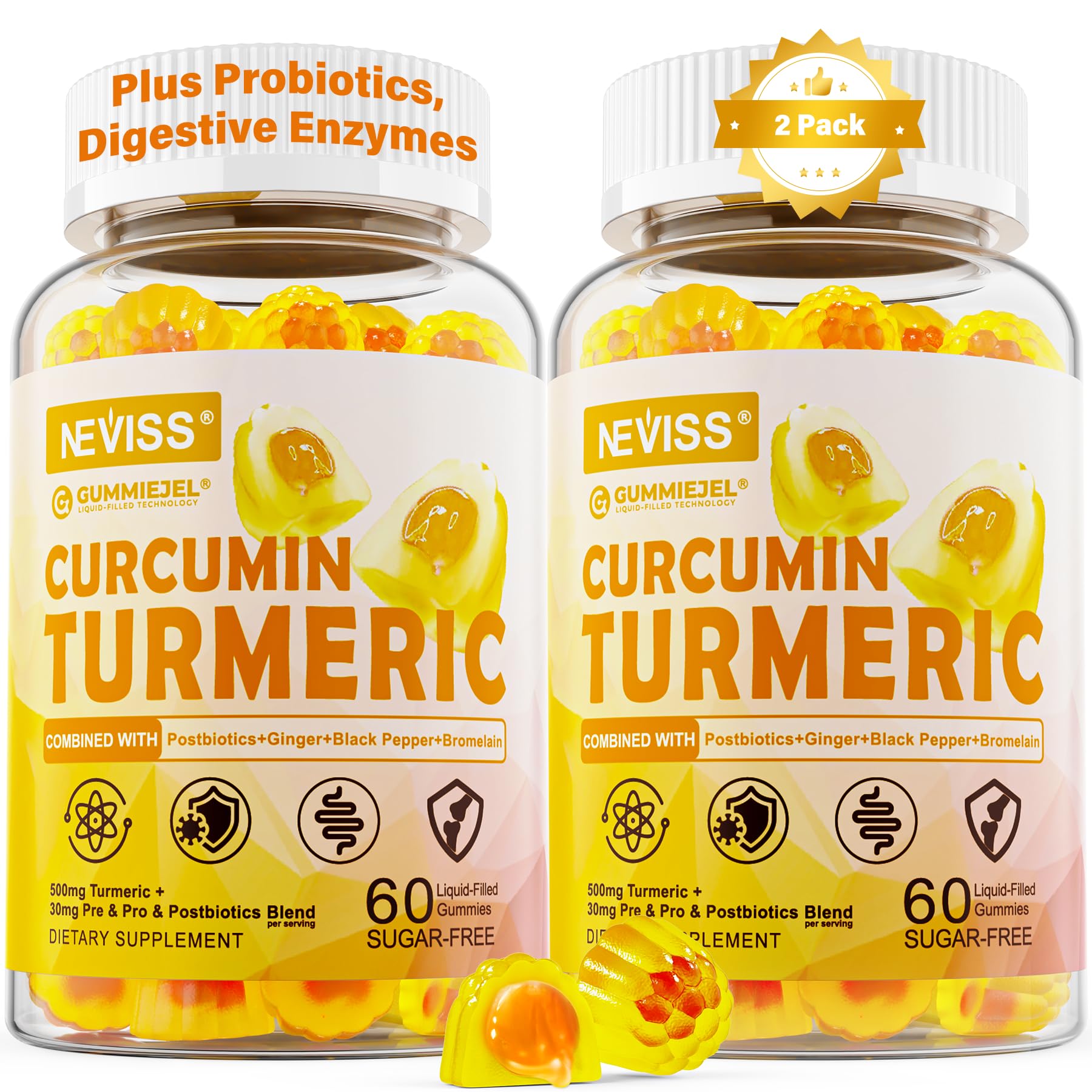 NEVISS sugar-free turmeric curcumin gummies bottle highlighting pineapple flavor and immune support potential