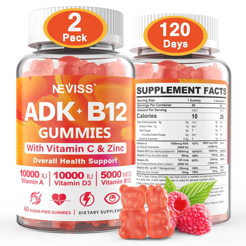 NEVISS sugar-free ADK B12 gummies bottle front for daily wellness