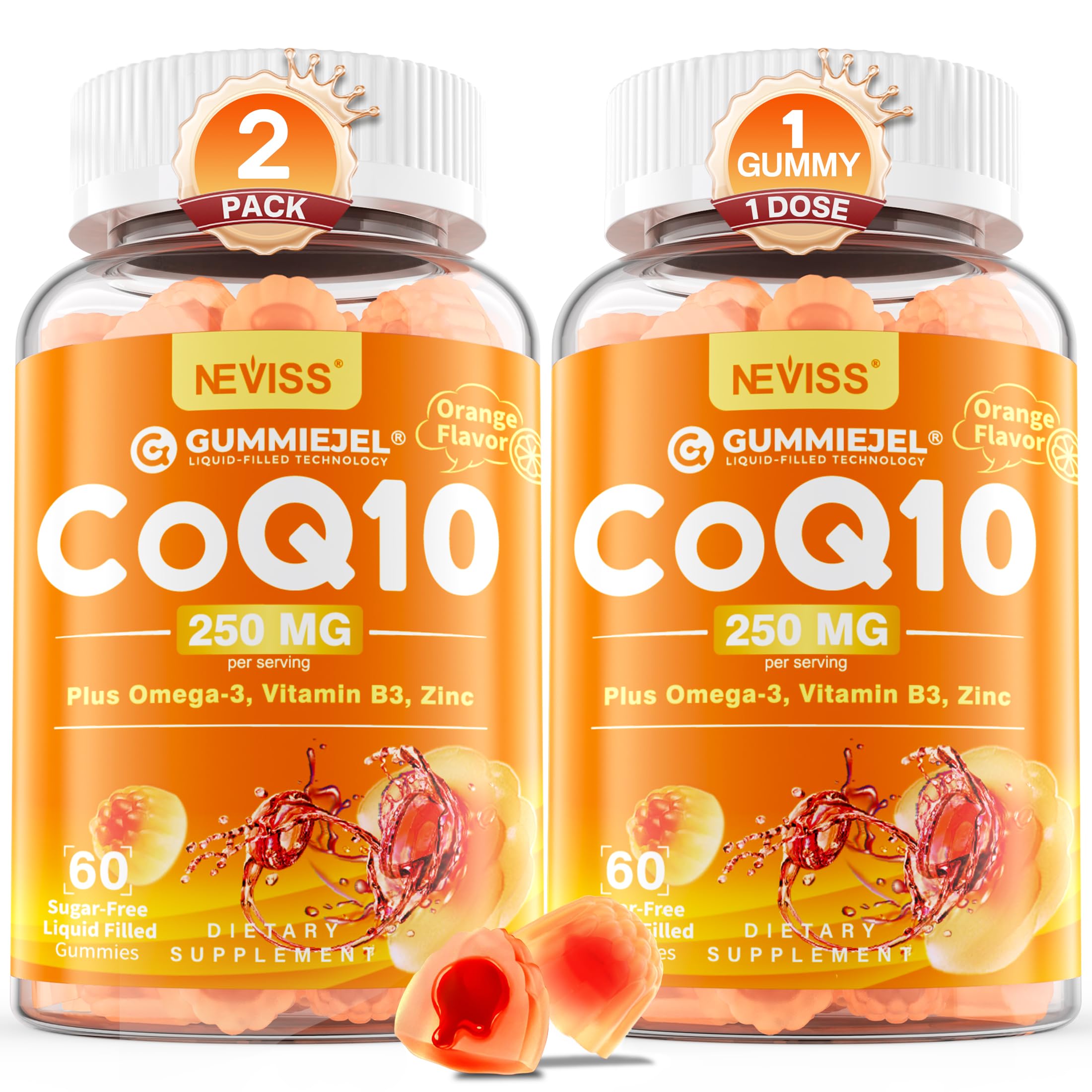 NEVISS sugar-free CoQ10 gummies in orange bottle for easy daily energy support.