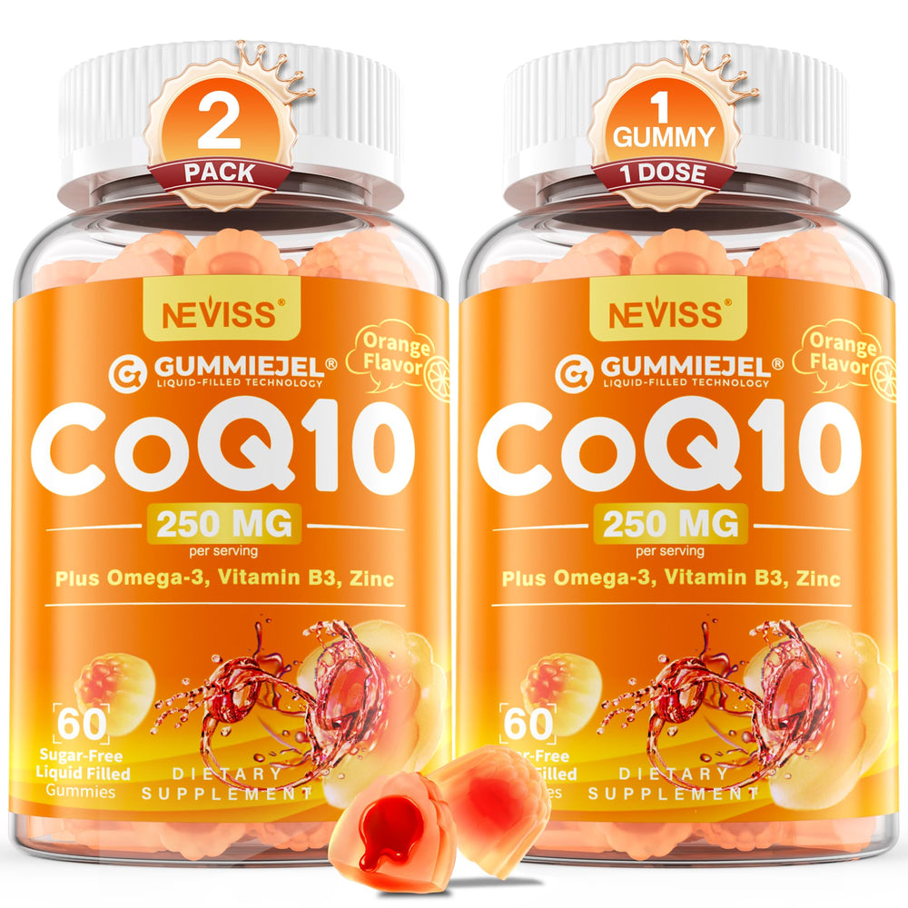 NEVISS sugar-free CoQ10 gummies in orange bottle for easy daily energy support.