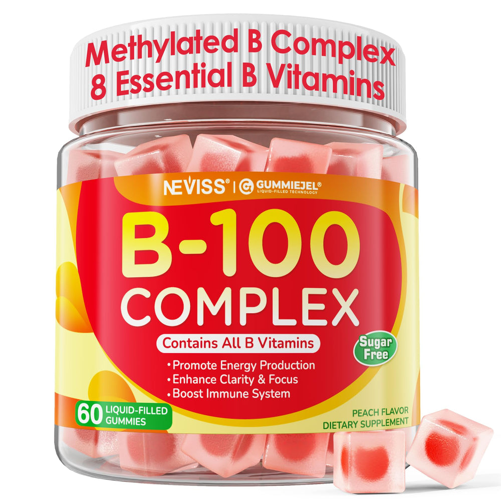 NEVISS Super Vitamin B Complex Gummies bottle front shows fruity, sugar-free energy support.