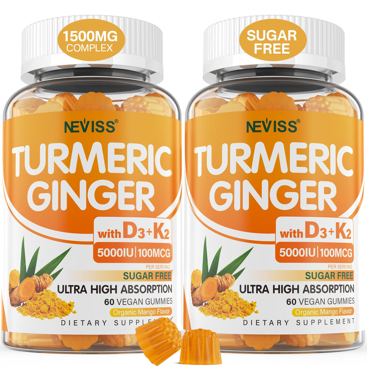 NEVISS turmeric-ginger gummies bottle showing 120ct vegan formula for bone and immune support.