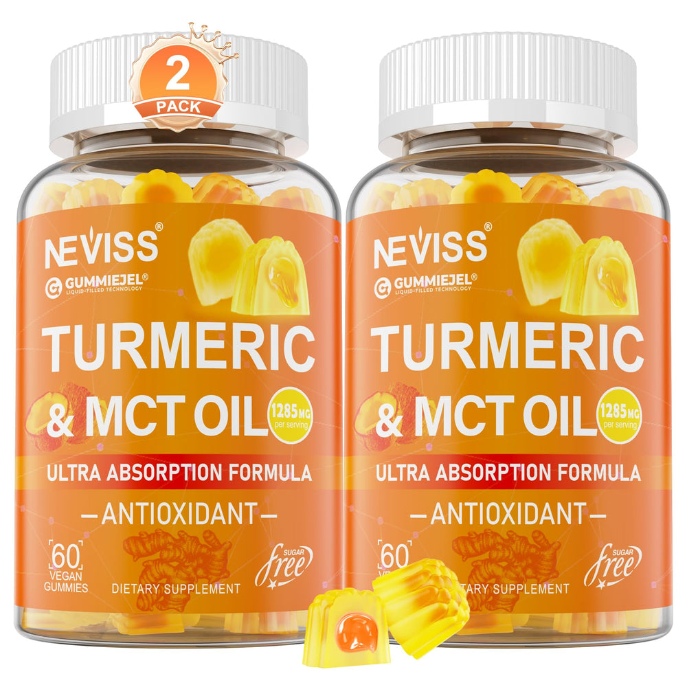 NEVISS Turmeric Gummies bottle-front 120ct promotes daily antioxidant support.