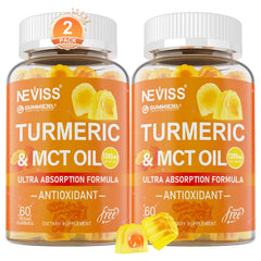 NEVISS Turmeric Gummies bottle-front 120ct promotes daily antioxidant support.