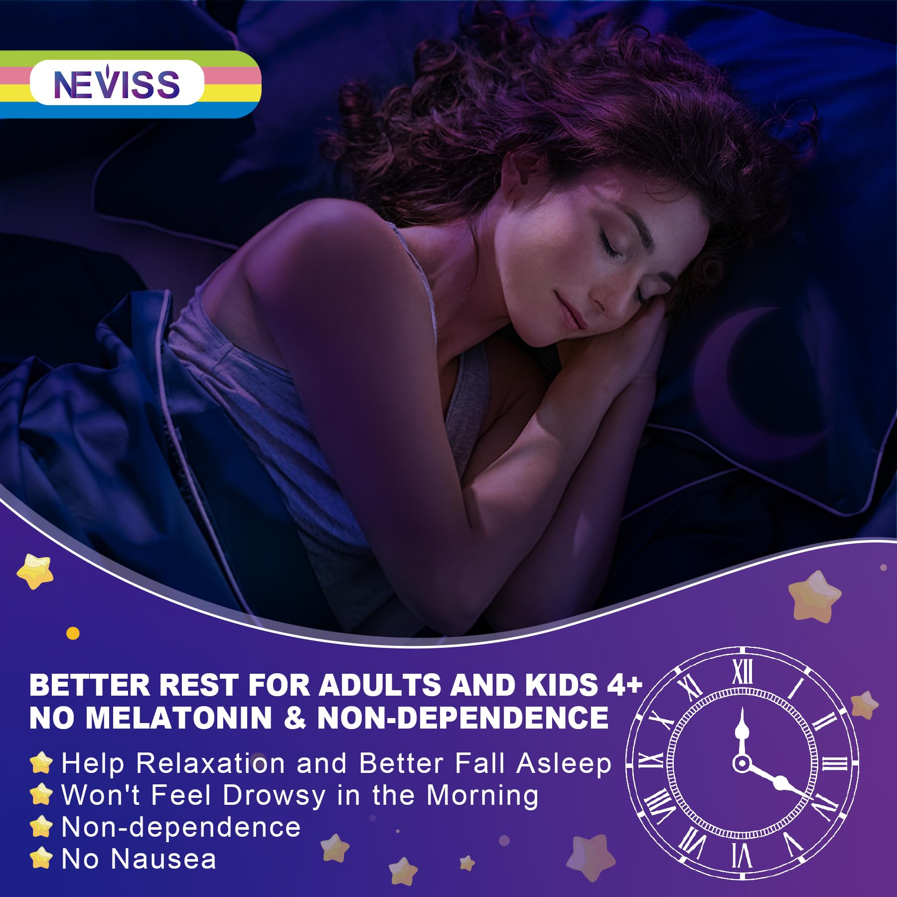 Two-pack Neviss gummies packaging emphasizes time-release formula for night support.
