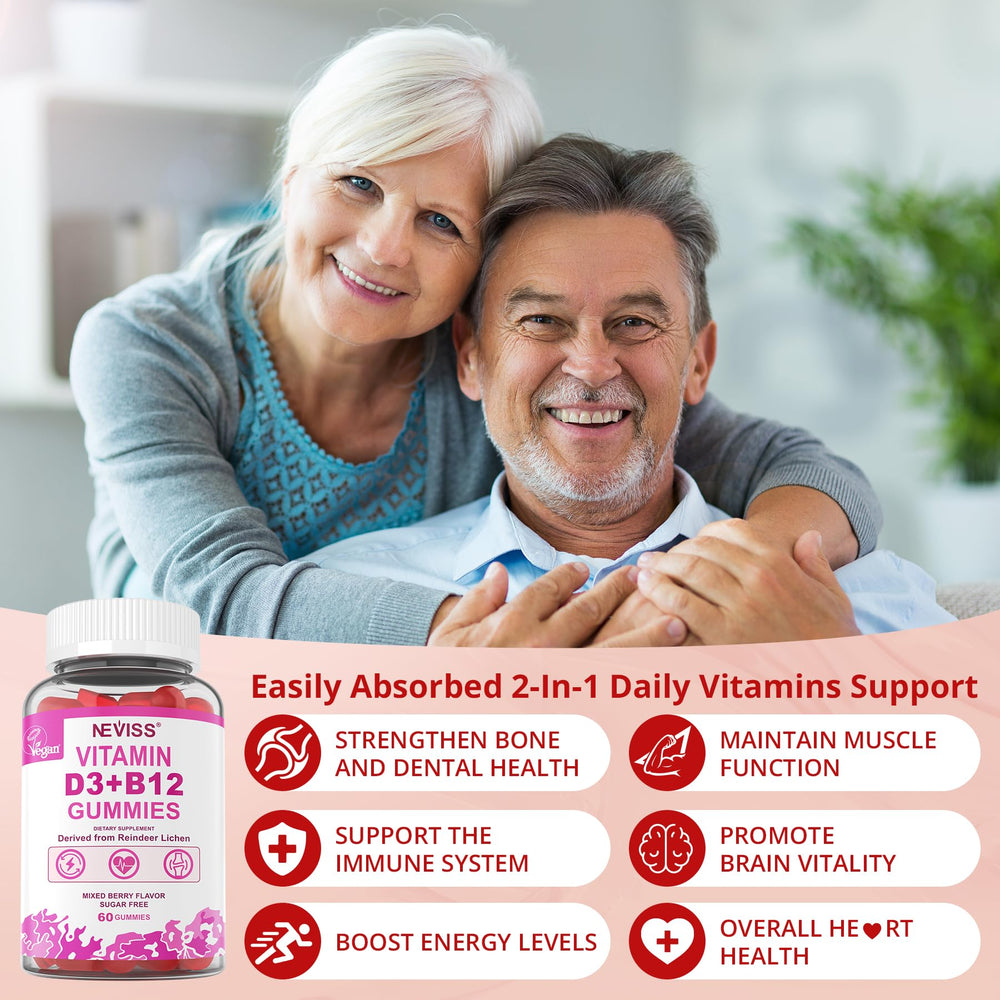 NEVISS D3 B12 gummies serving closeup—berry flavor that supports daily wellness.