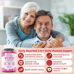 NEVISS D3 B12 gummies serving closeup—berry flavor that supports daily wellness.