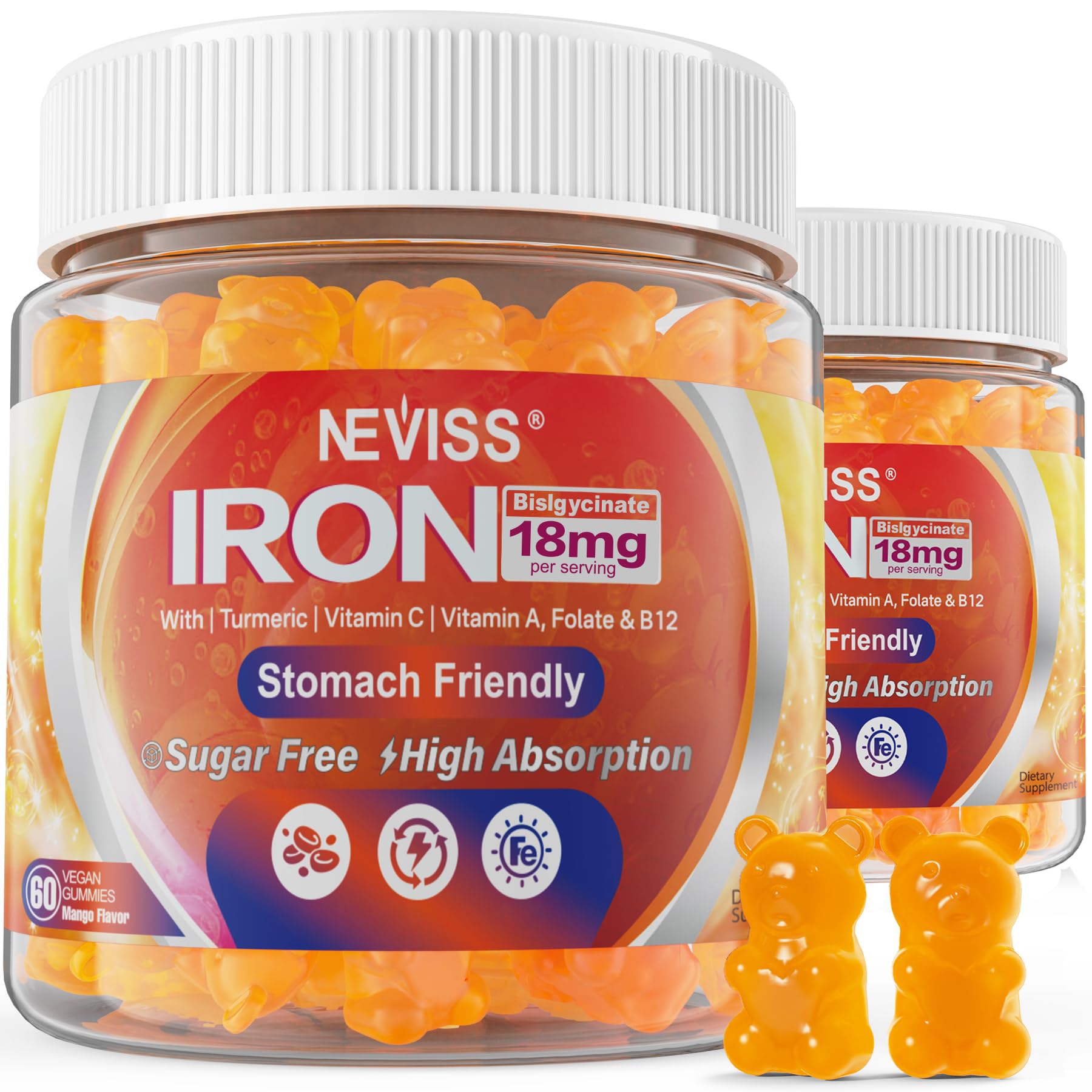 NEVISS vegan iron gummies bottle pour highlights easy daily iron with mango flavor.