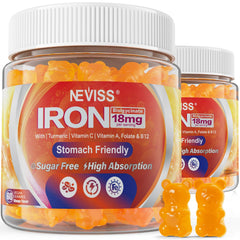 NEVISS vegan iron gummies bottle pour highlights easy daily iron with mango flavor.