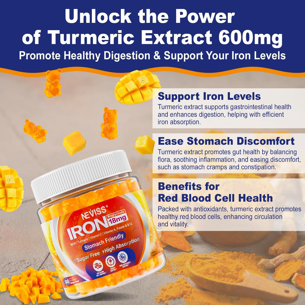 NEVISS vegan iron gummies mango flavor appeals to taste while supporting daily energy.
