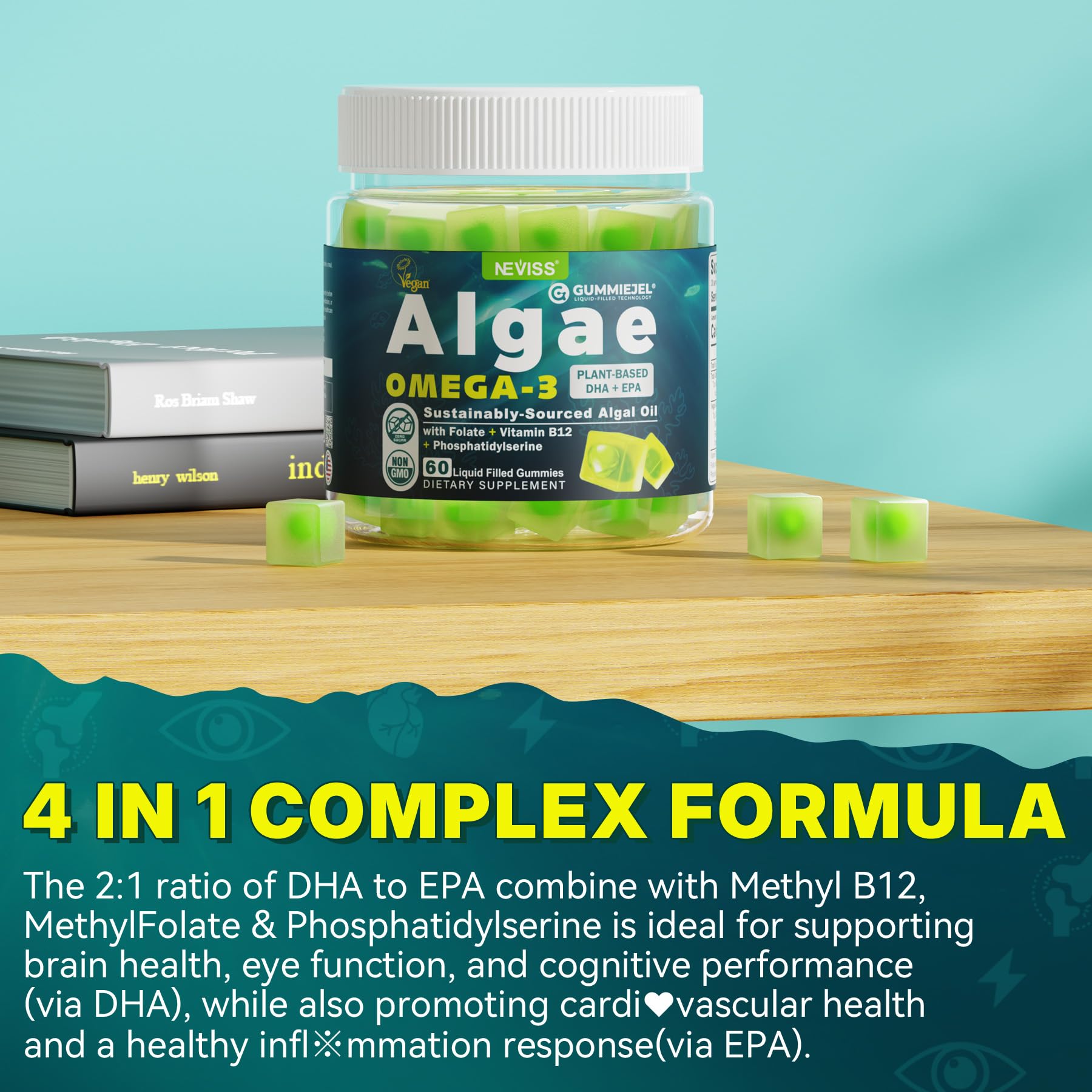 NEVISS vegan omega-3 gummies nutrition label emphasizes non-GMO and sugar-free.