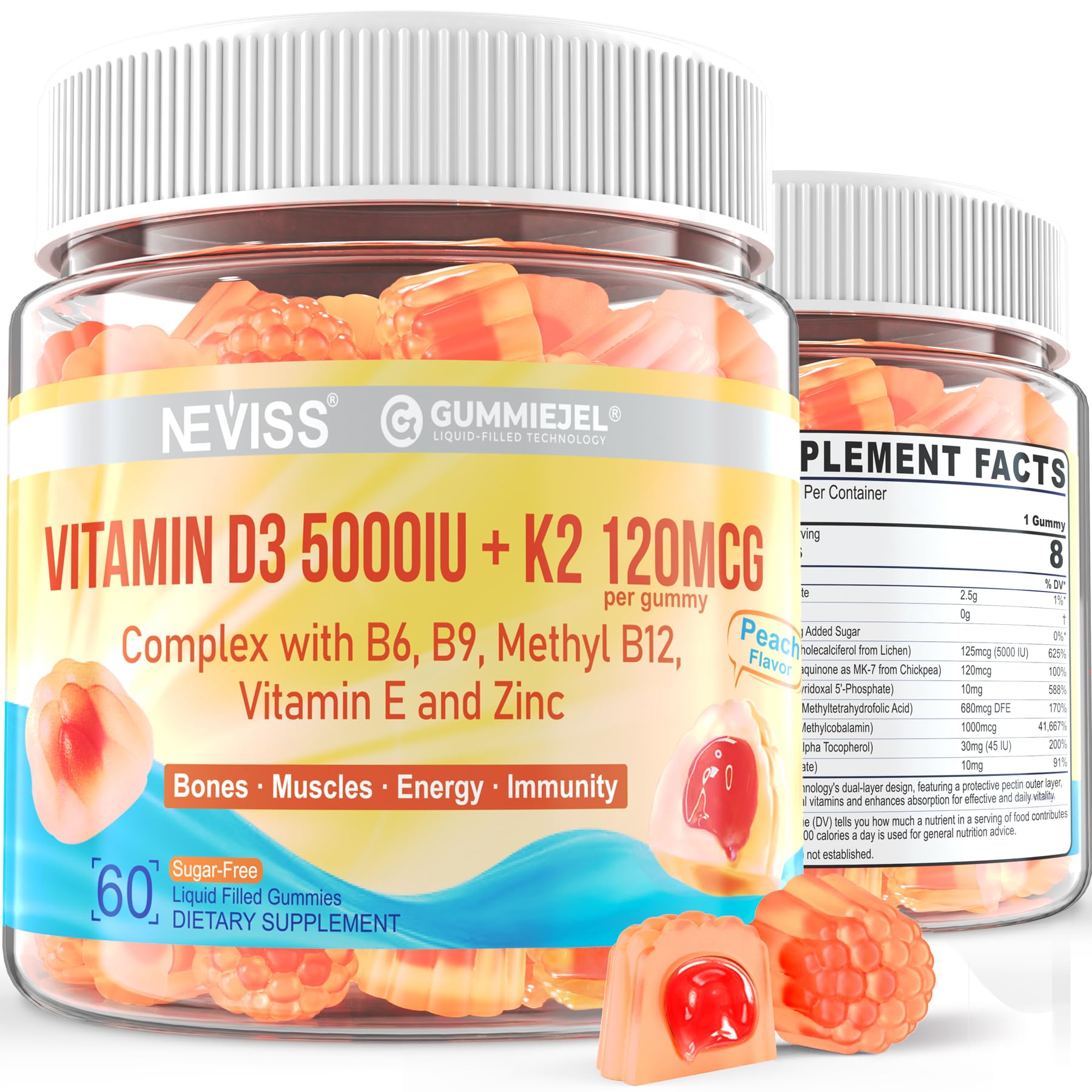 NEVISS Vitamin D3 K2 filled gummies bottle shows peach flavor for daily use