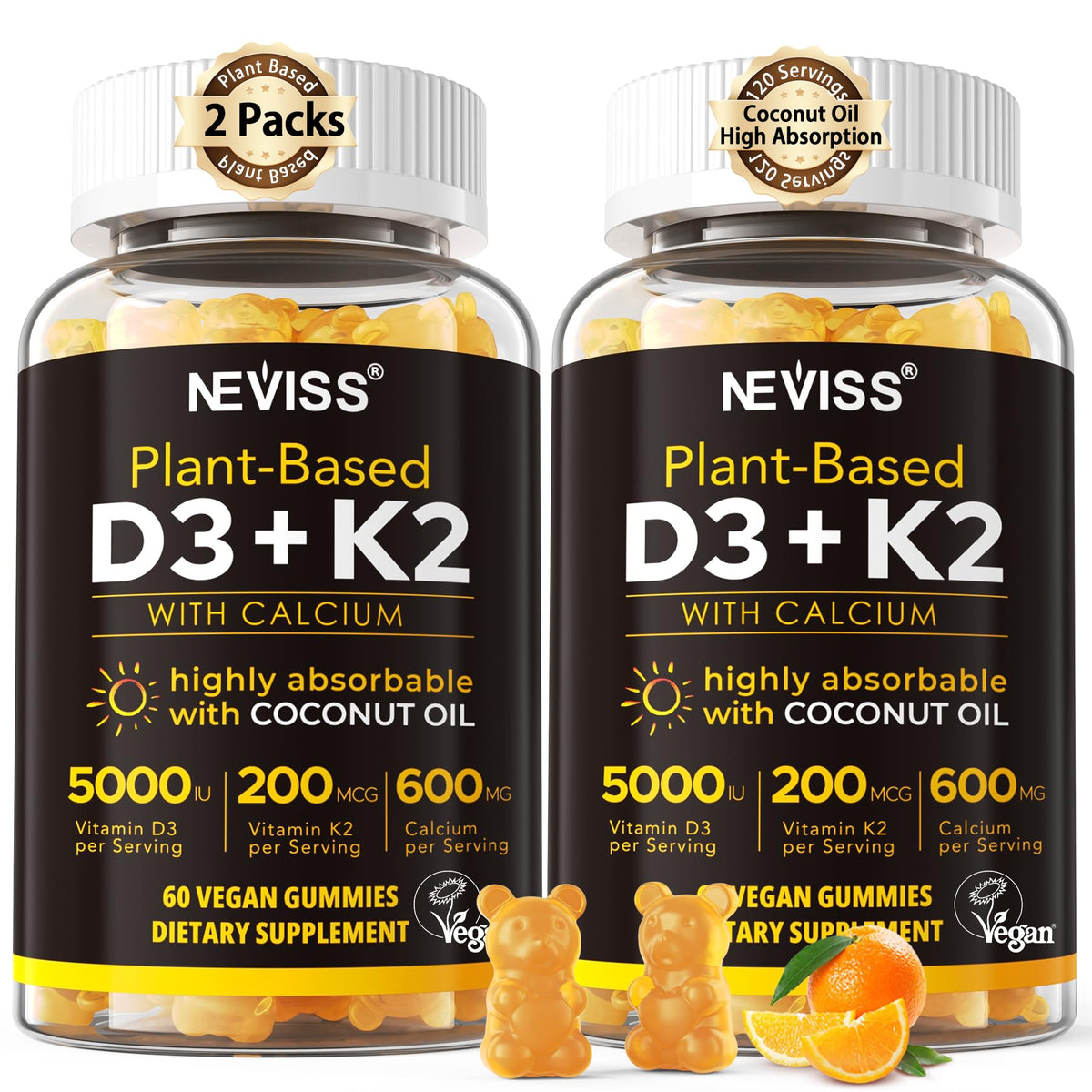 NEVISS Vitamin D3 K2 gummies bottle front for convenient daily bone support