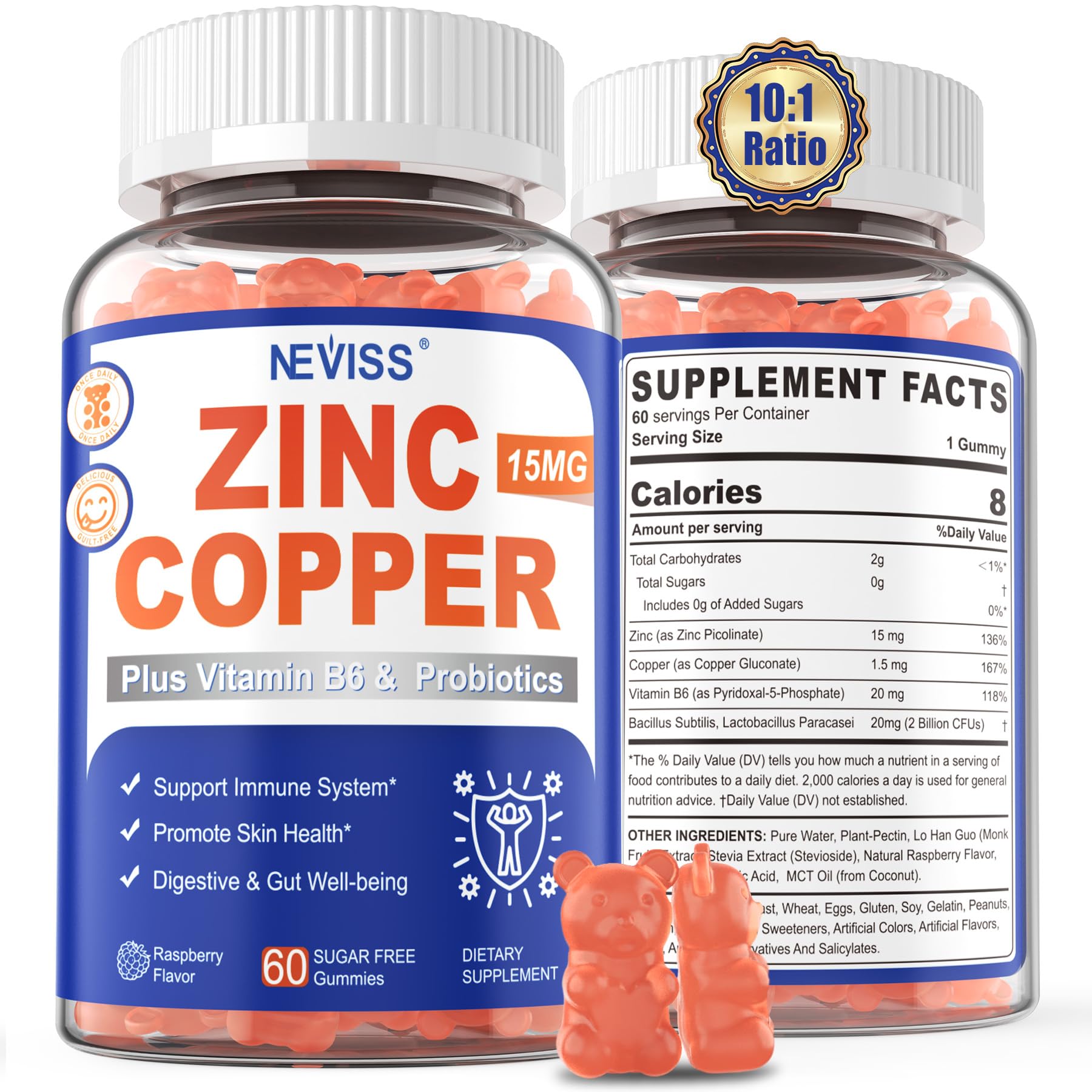 Neviss Zinc Picolinate Gummies bottle highlights zinc-copper balance for absorption