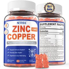 Neviss Zinc Picolinate Gummies bottle highlights zinc-copper balance for absorption