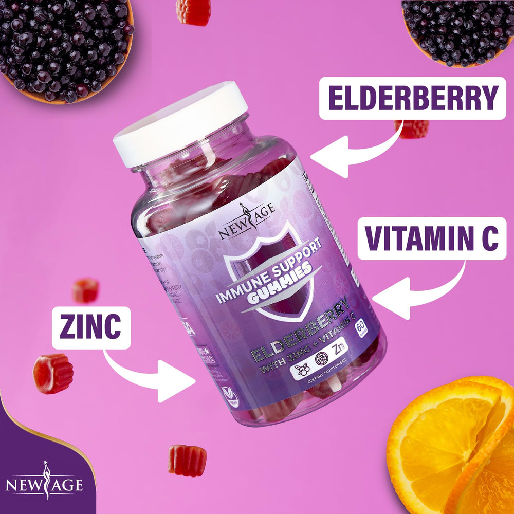 NEW AGE 3-in-1 immunity gummies show elderberry, vitamin C, and zinc synergy.