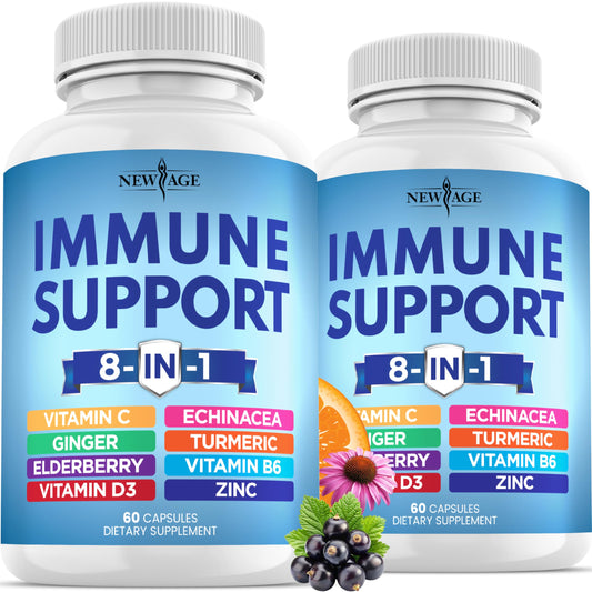 NEW AGE 8-in-1 immune bottle front, highlighting comprehensive immunity support
