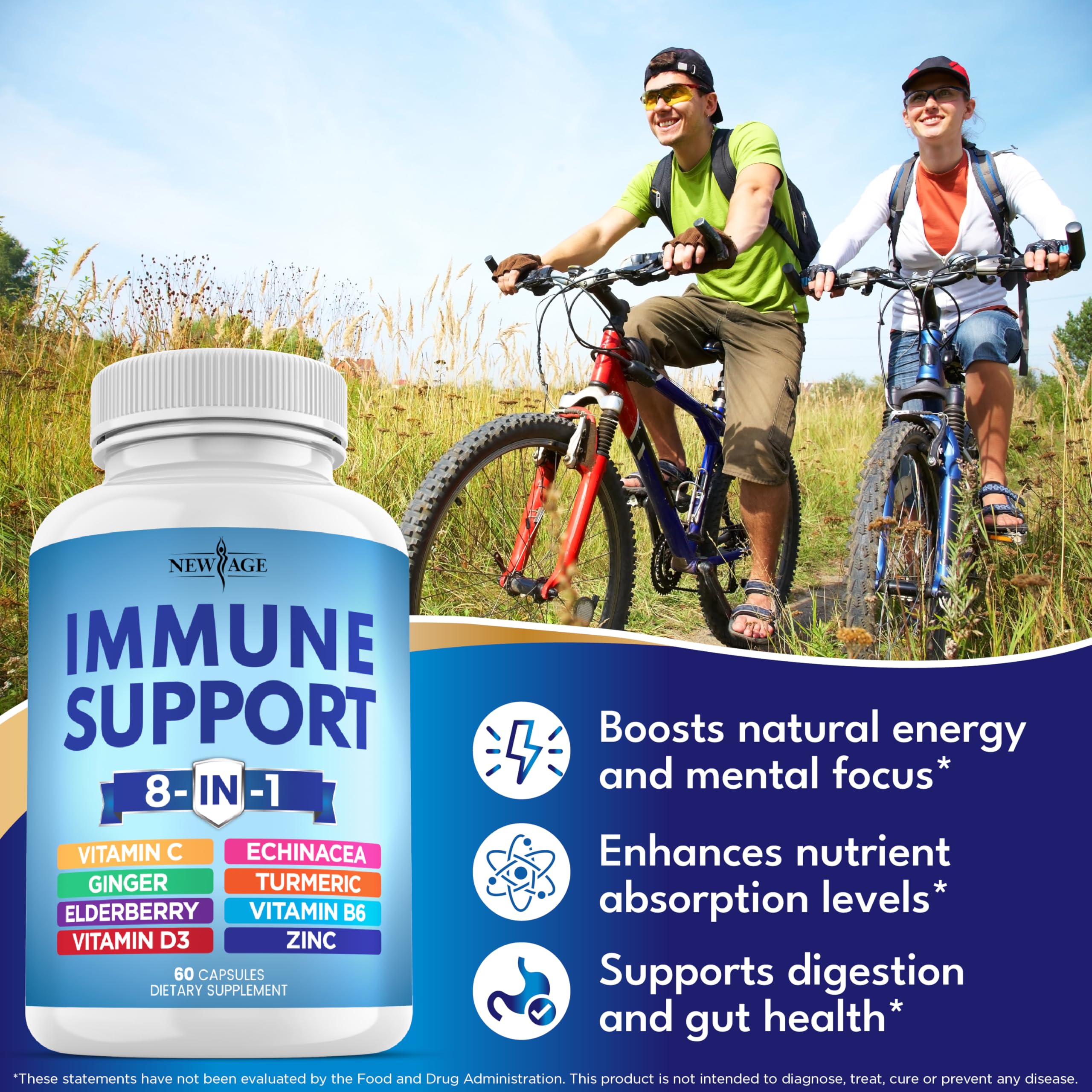 Detailed label of NEW AGE 8 in 1 Immune Booster with key ingredients