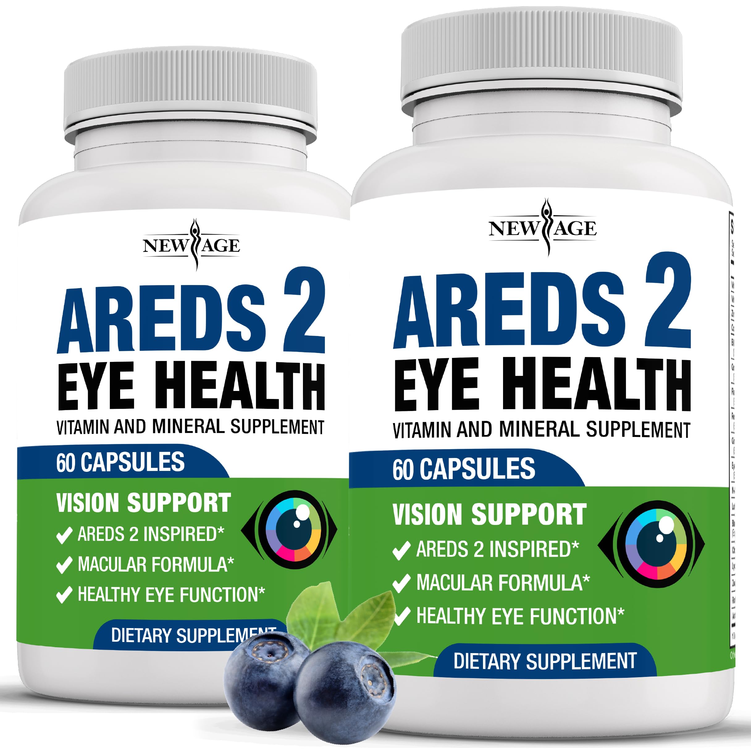 NEW AGE AREDS 2 eye vitamin bottle featuring Lutein 32 mg and Zeaxanthin 8 mg for daily eye care.