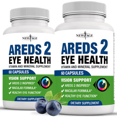 NEW AGE AREDS 2 eye vitamin bottle featuring Lutein 32 mg and Zeaxanthin 8 mg for daily eye care.