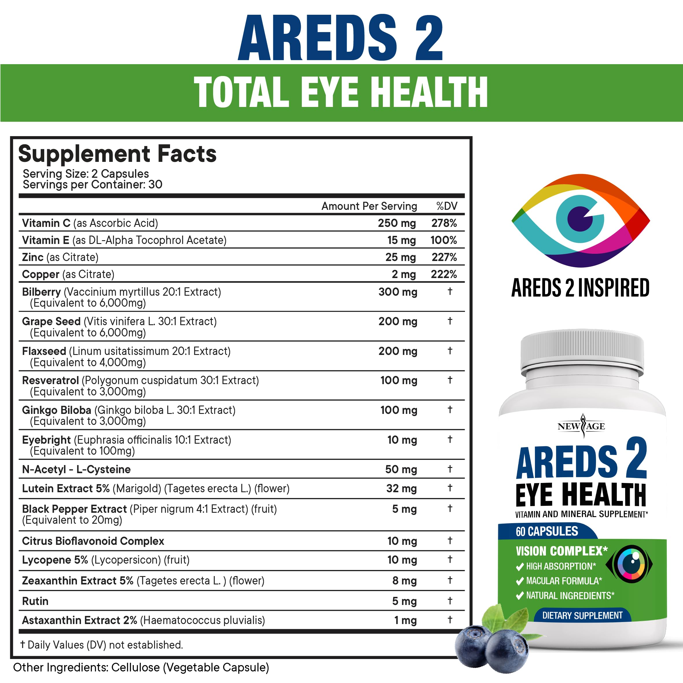 NEW AGE AREDS 2 capsules closeup with capsules visible and vibrant branding.