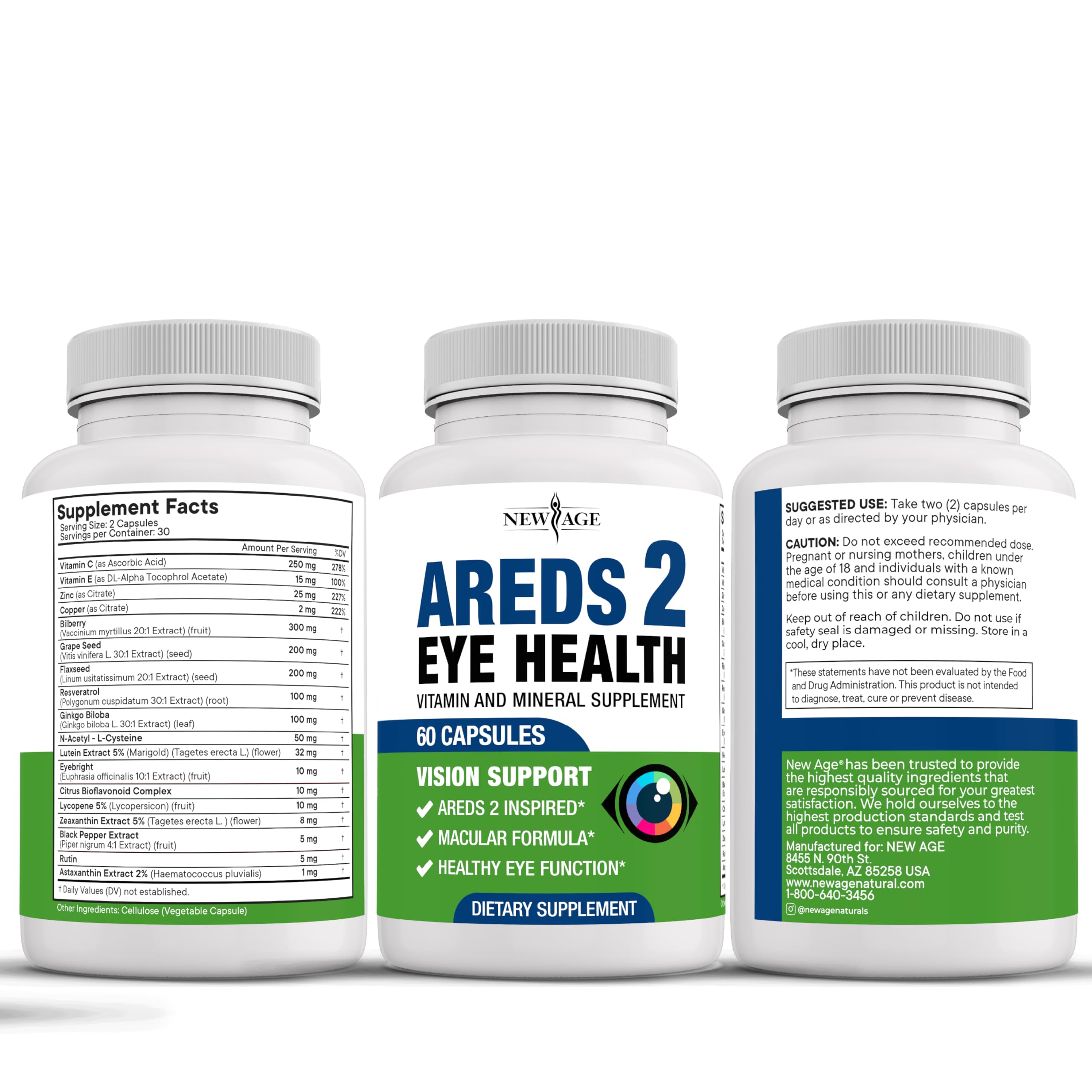 NEW AGE AREDS 2 bottle and label on white background promoting eye wellness.
