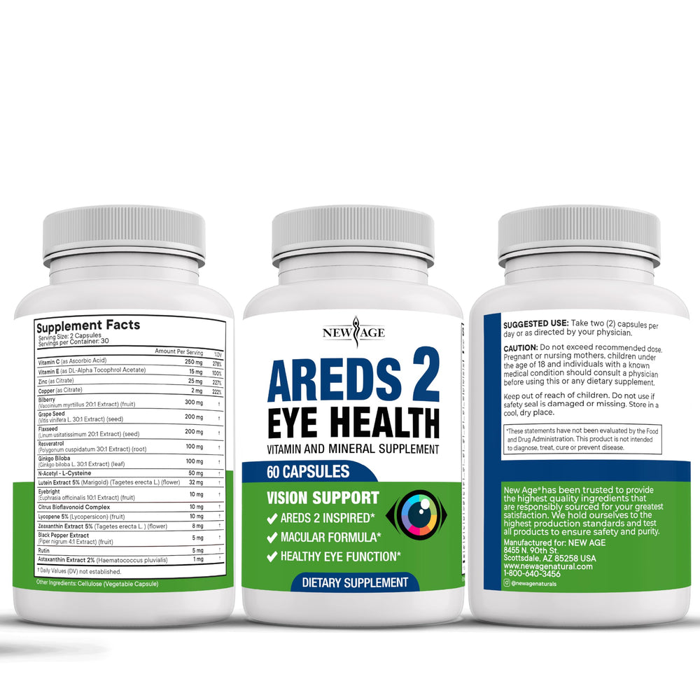 NEW AGE AREDS 2 bottle and label on white background promoting eye wellness.