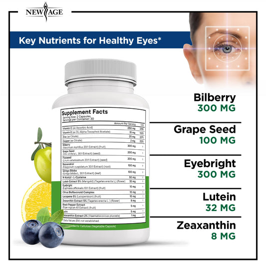 NEW AGE AREDS 2 eye vitamin label highlighting bilberry and grape seed ingredients.