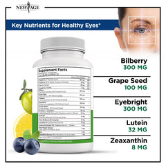 NEW AGE AREDS 2 eye vitamin label highlighting bilberry and grape seed ingredients.