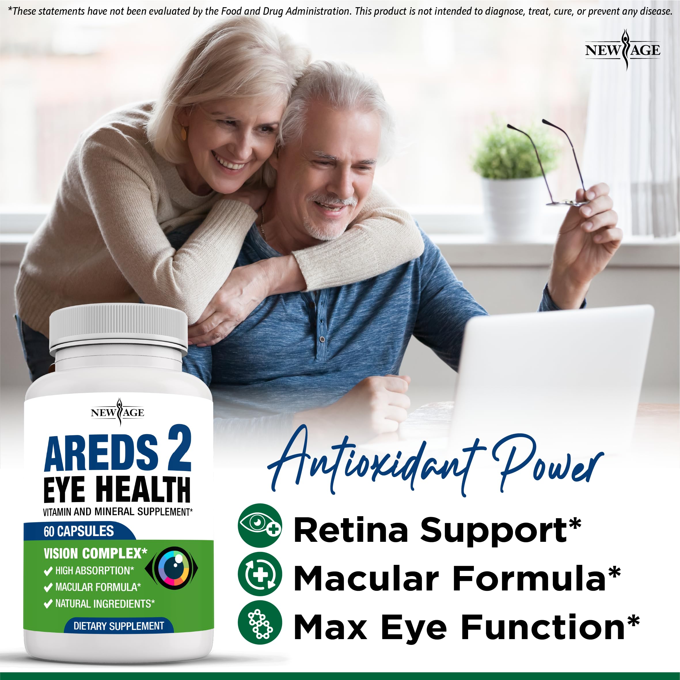 NEW AGE AREDS 2 eye vitamin pour shot showing easy-to-swallow capsules.